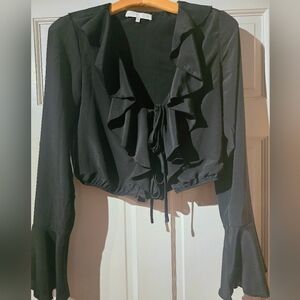 Elegant Black Ruffle Blouse With 2 Close Ties In Front Small